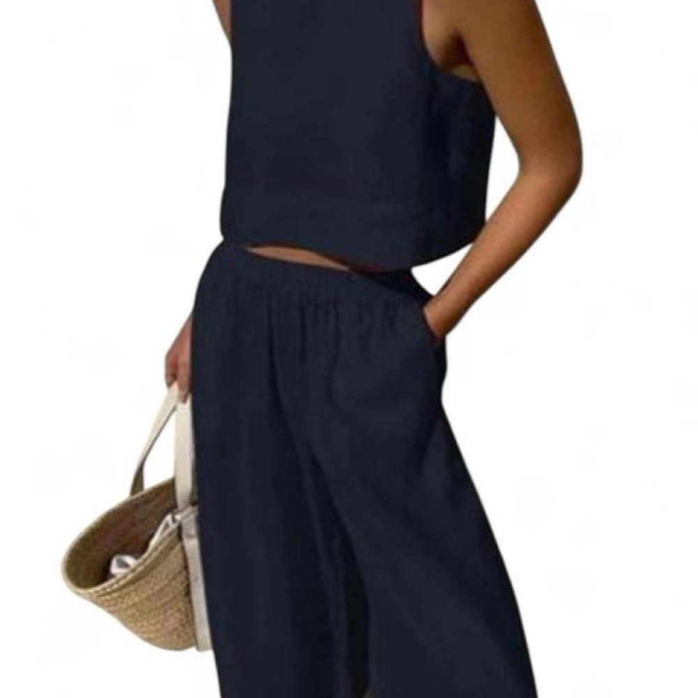 UOOZEE Women's Black Round-Neck Sleeveless Vest + Elastic Waist Wide Leg Pants